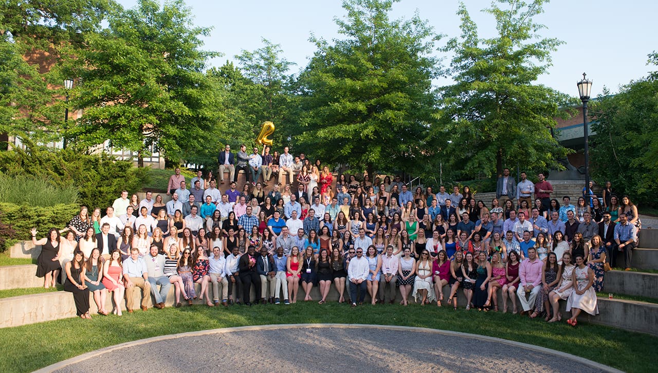 Members of the Class of 2012 gather together for a class photo at Alumni Weekend 2017.